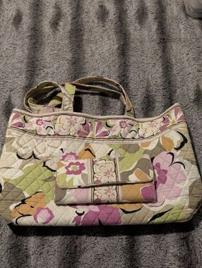Quilted Floral Tote Bag in Pink, Green & Tan And Matching Wallet